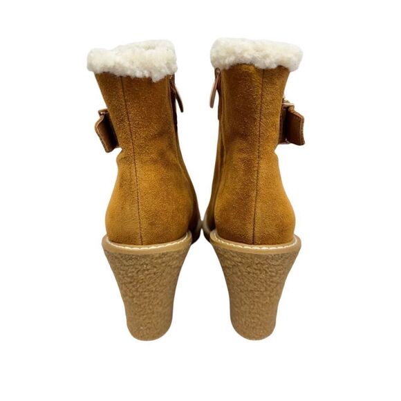 Franco Sarto Boots Size 8 Tan Leather Suede Shearling Wedge Heel Booties - Picture 7 of 9